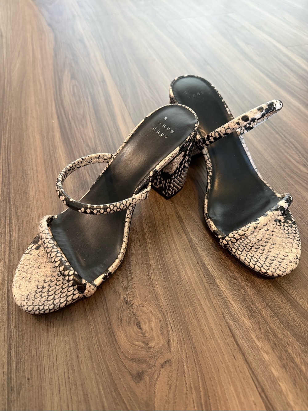 a new day Snake-Print Strappy Block Heel Sandals - Beige & Black